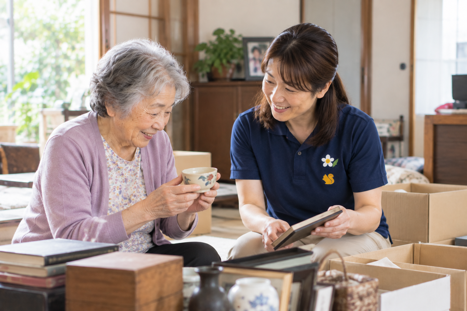 スタッフが陶器を鑑定している様子