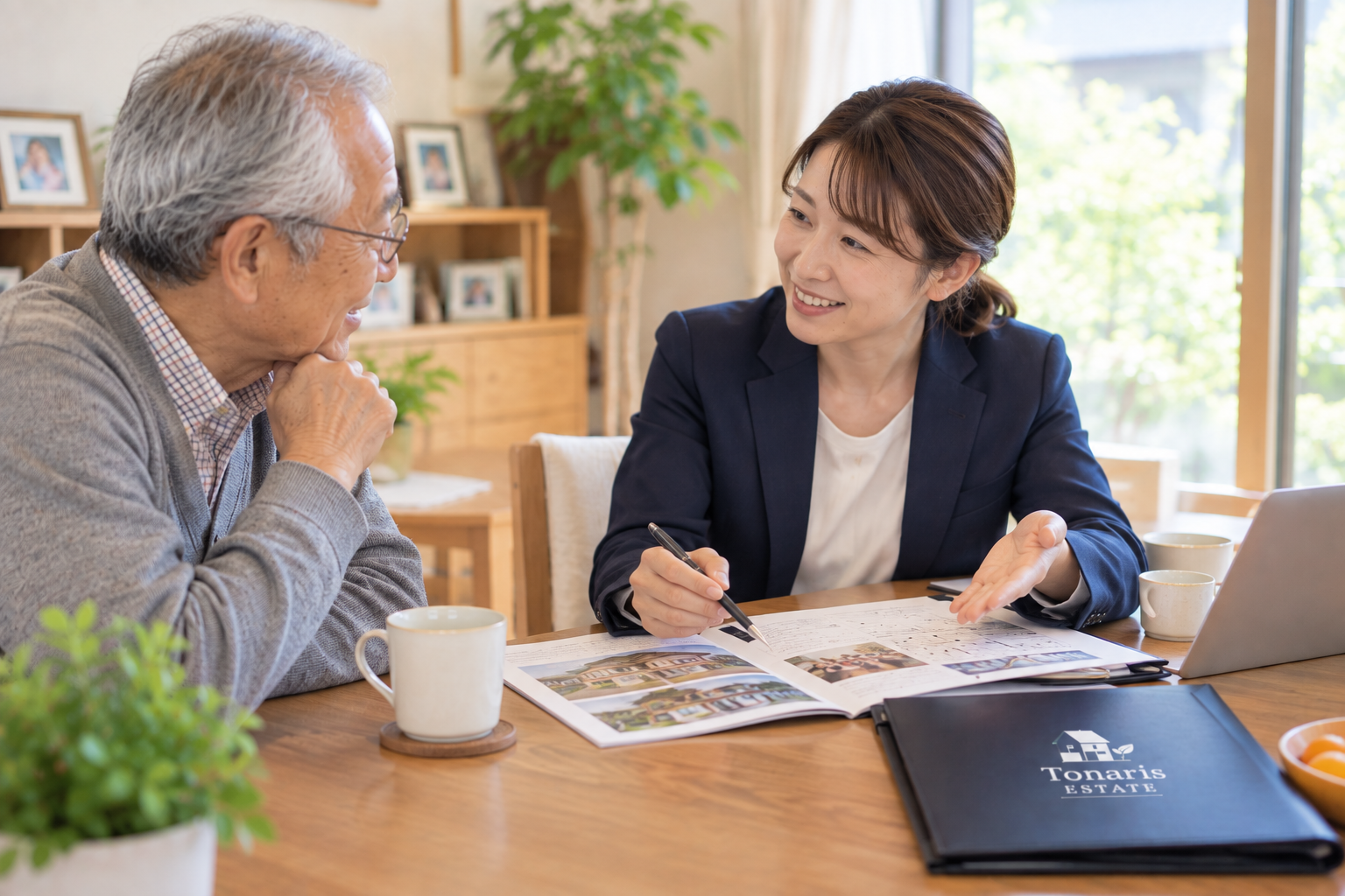 不動産について相談する親子とスタッフ