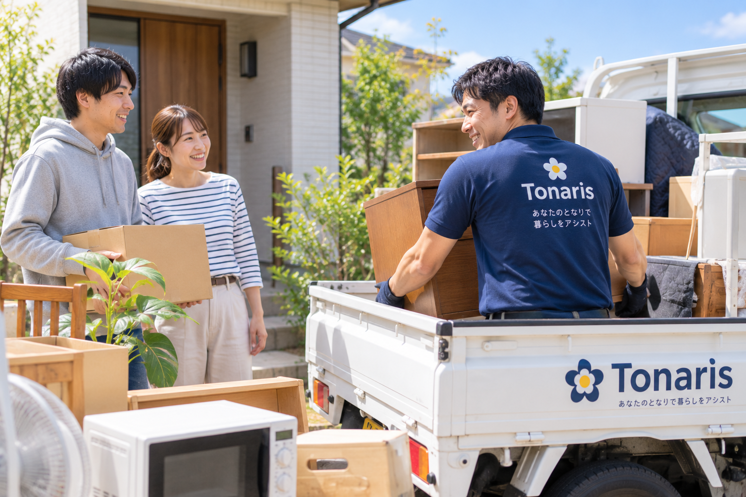 不用品を丁寧に確認しながら整理するスタッフとお客様